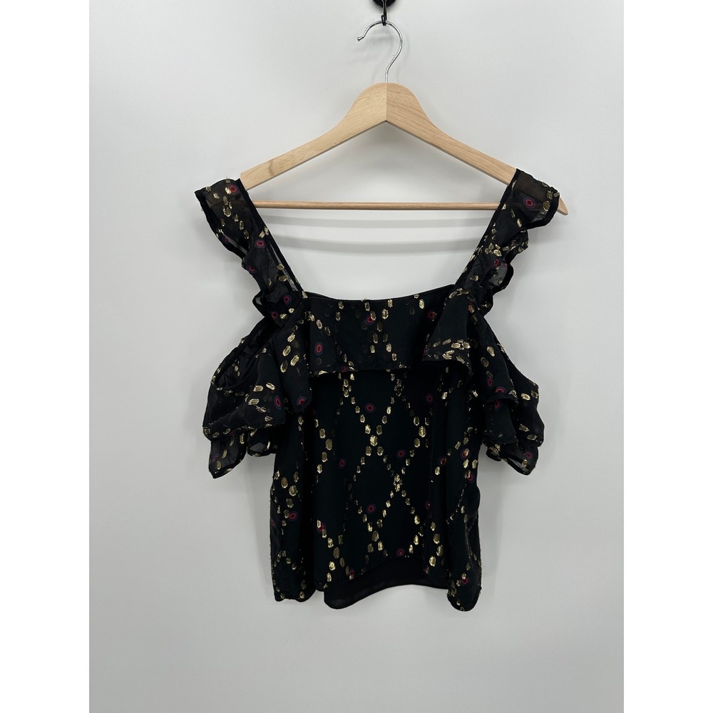 A.L.C Black Willow Blouse Women Small Silk Blend Metallic Ruffle Cold Shoulder